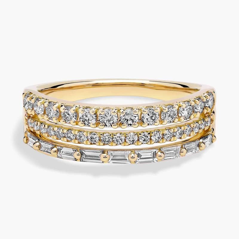 Three Row Baguette and Pave Diamond Ring in 14k Yellow Gold (5/8 ct. tw.)