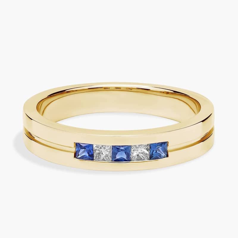 Men's Princess-Cut Diamond and Sapphire Wedding Ring in 14k Yellow Gold (1/8 ct. tw.)