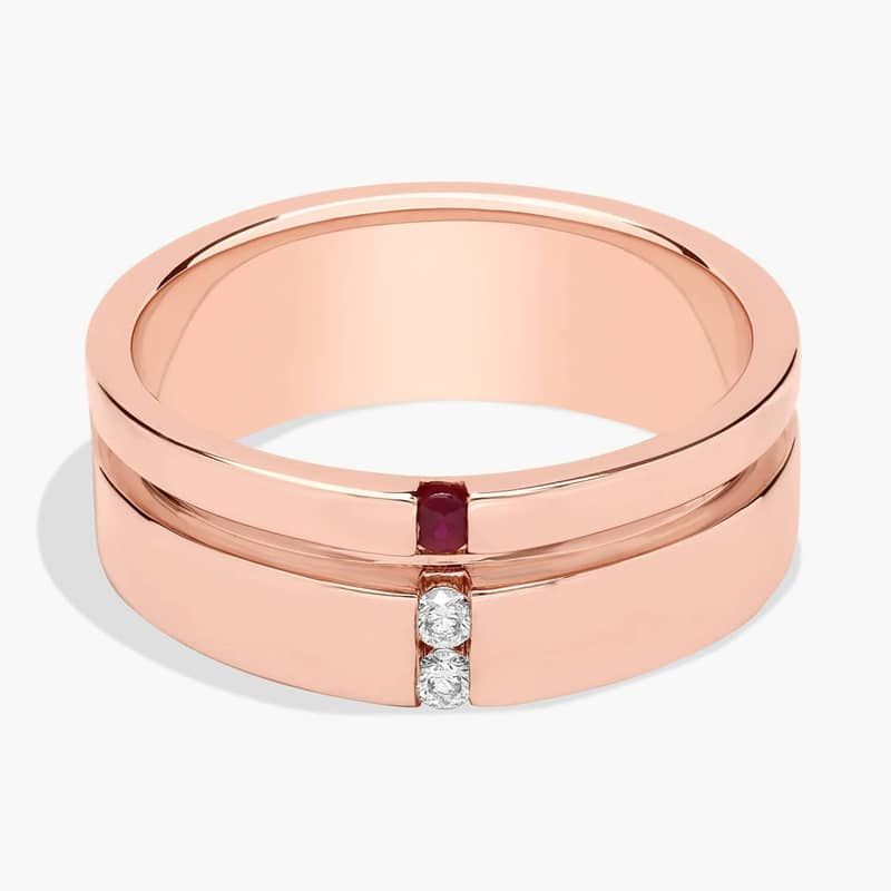 Men's Diamond and Ruby Grooved Wedding Band in 14k Rose Gold (7.5 mm)