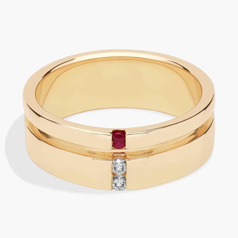 Men's Diamond and Ruby Grooved Wedding Band in 14k Yellow Gold (7.5 mm)