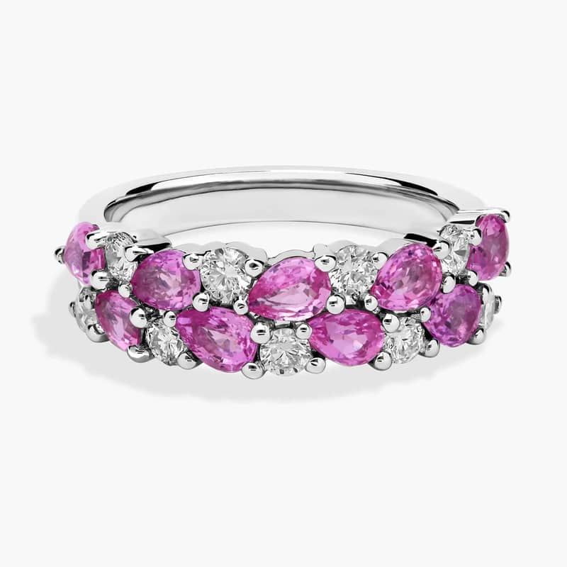 Romantic Double Row Pear Pink Sapphire and Diamond Ring in 14k White Gold