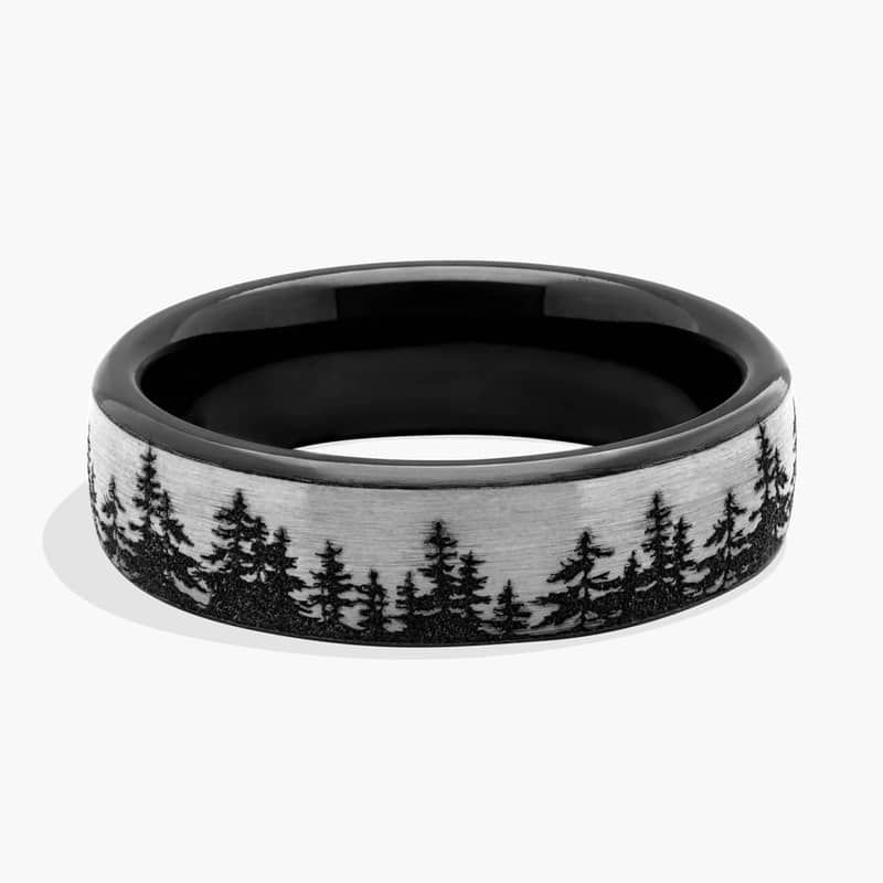 Gray and Black Treeline Wedding Ring in Titanium