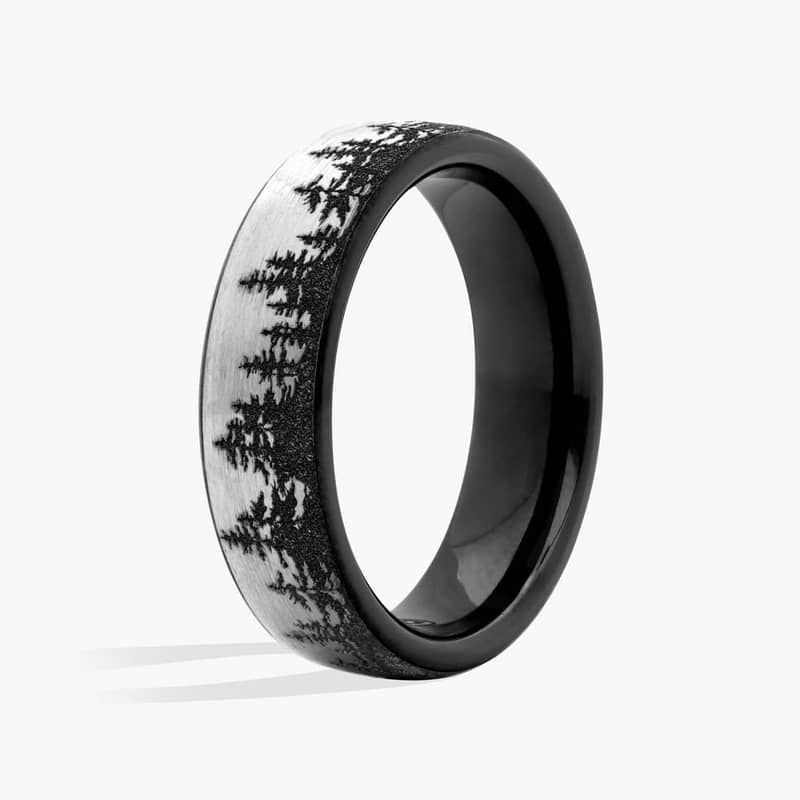 Gray and Black Treeline Wedding Ring in Titanium