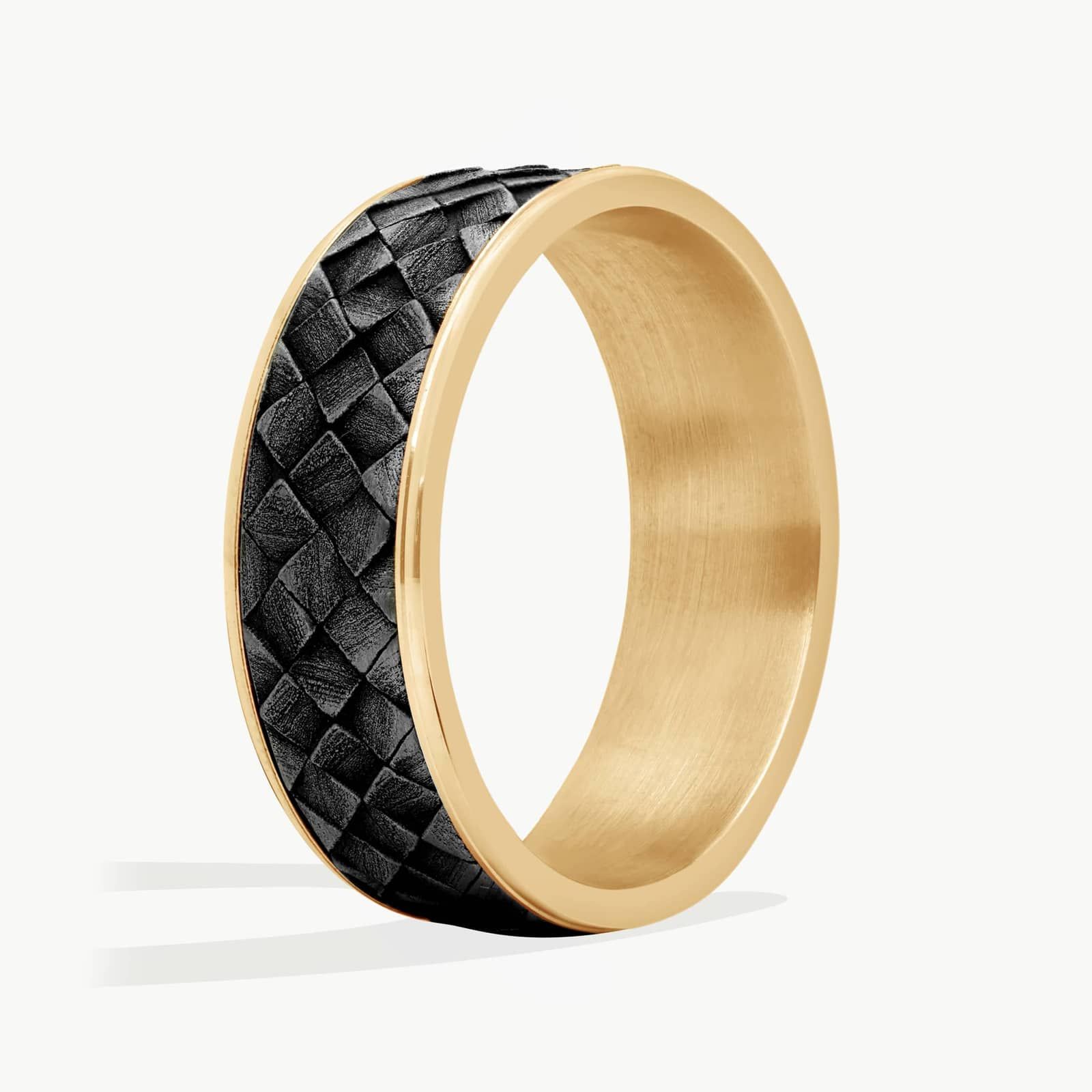 Gray Cross Hatch Pattern Wedding Ring in Tantalum and 14K Yellow Gold