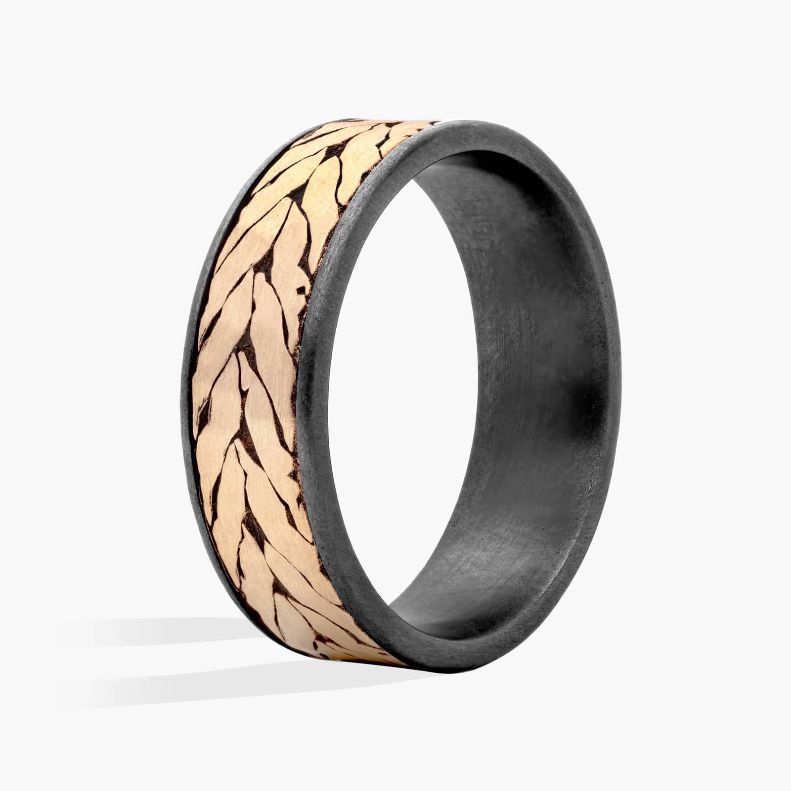Hammered Chevron Pattern Wedding Ring in Tantalum and 14K Yellow Gold