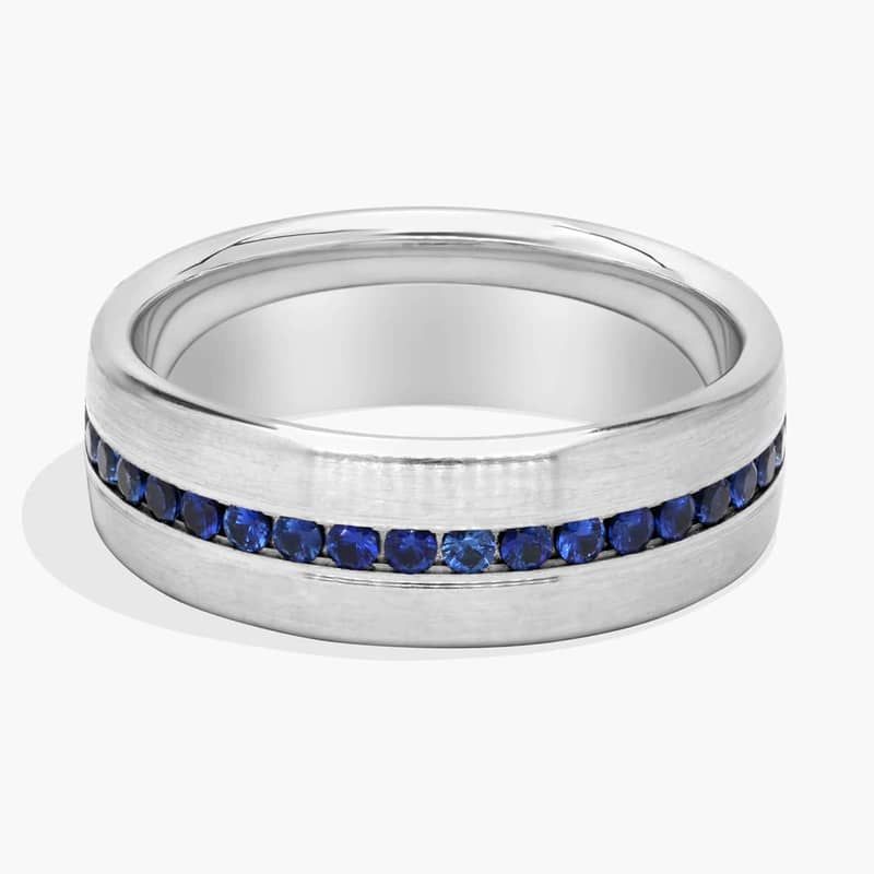 Blue Sapphire Wedding Ring with Satin Finish in Platinum
