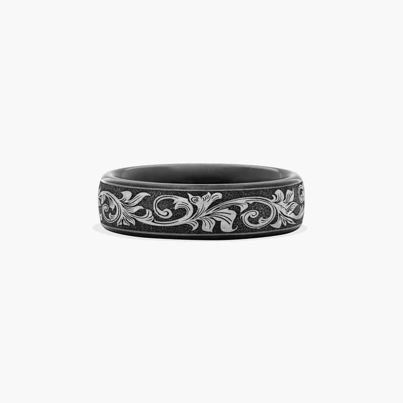 Grey Vintage Script Men's Wedding Band In Black Titanium (6.50mm)