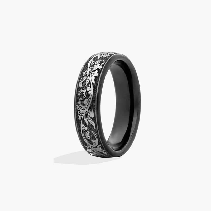 Grey Vintage Script Men's Wedding Band In Black Titanium (6.50mm)