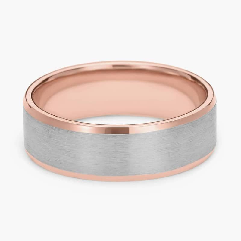 Brushed Beveled Edge Wedding Ring in 14k White and Rose Gold (7mm)