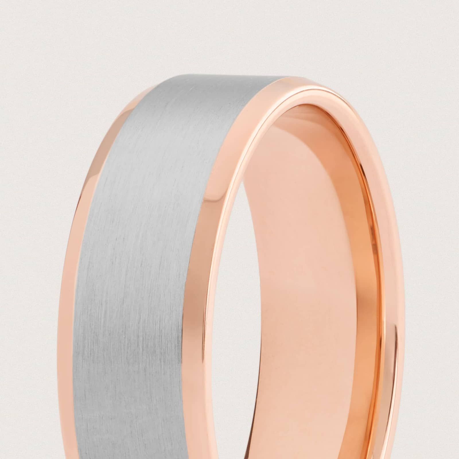 Brushed Beveled Edge Wedding Ring in 14k White and Rose Gold (7mm)