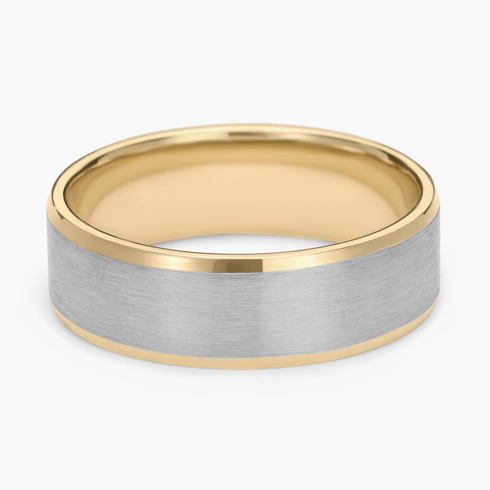 Brushed Beveled Edge Wedding Ring in 14k White and Yellow Gold (7mm)