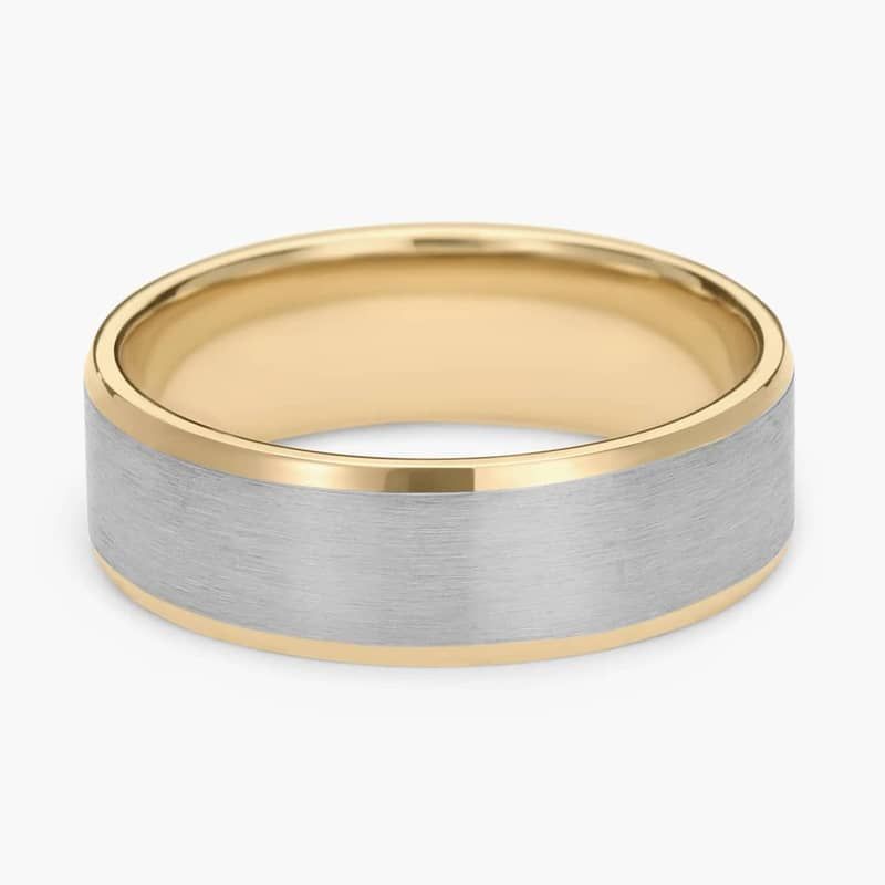 Brushed Beveled Edge Wedding Ring in 14k White and Yellow Gold (7mm)