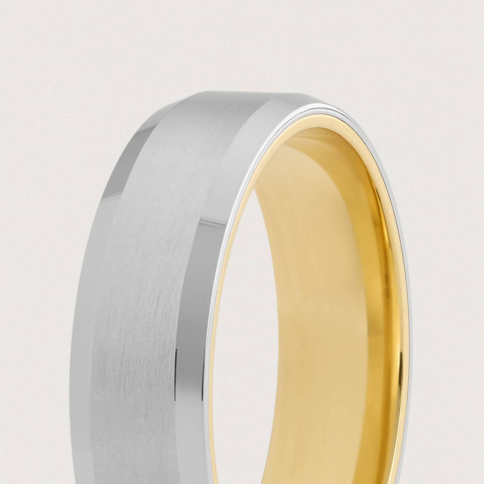Matte Beveled Edge Wedding Ring in Platinum and 18k Yellow Gold (6mm)