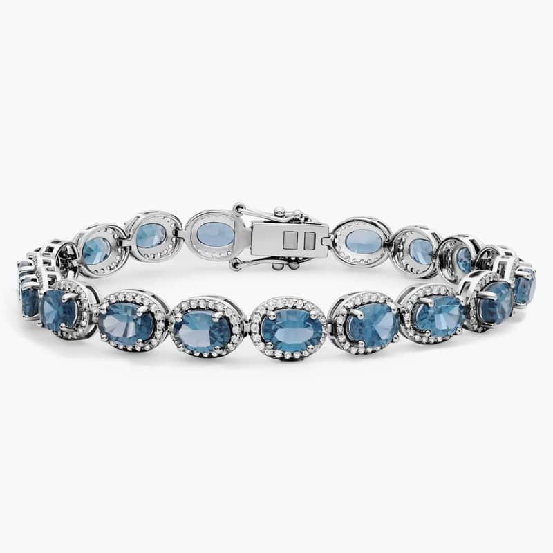 London Blue Topaz and White Topaz Halo Bracelet in Sterling Silver (7x5mm)