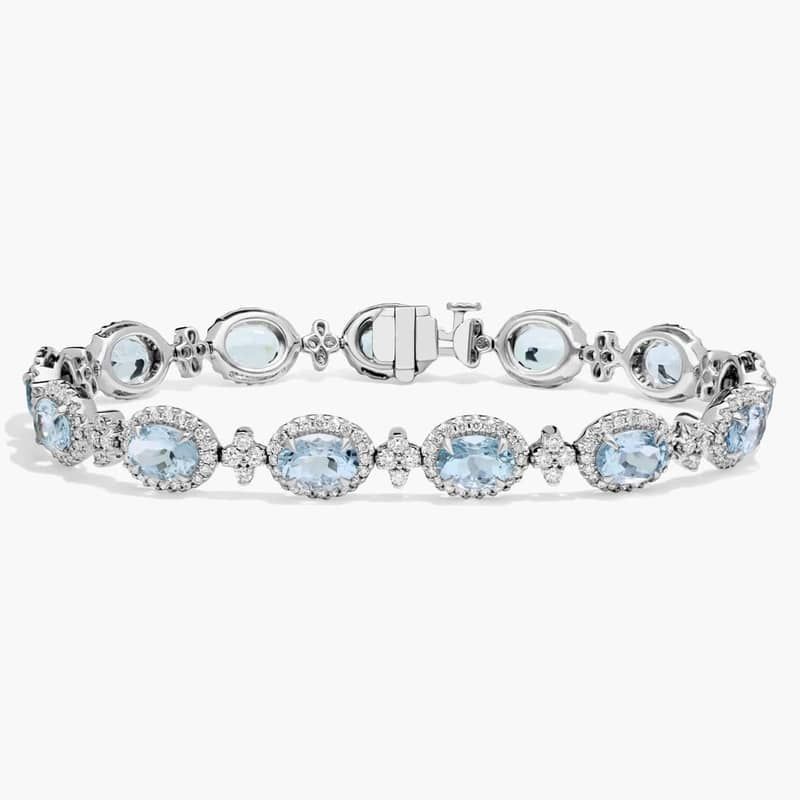 Extraordinary Collection: Oval Aquamarine and Pavé Diamond Halo Bracelet in 18k White Gold (7x5mm)