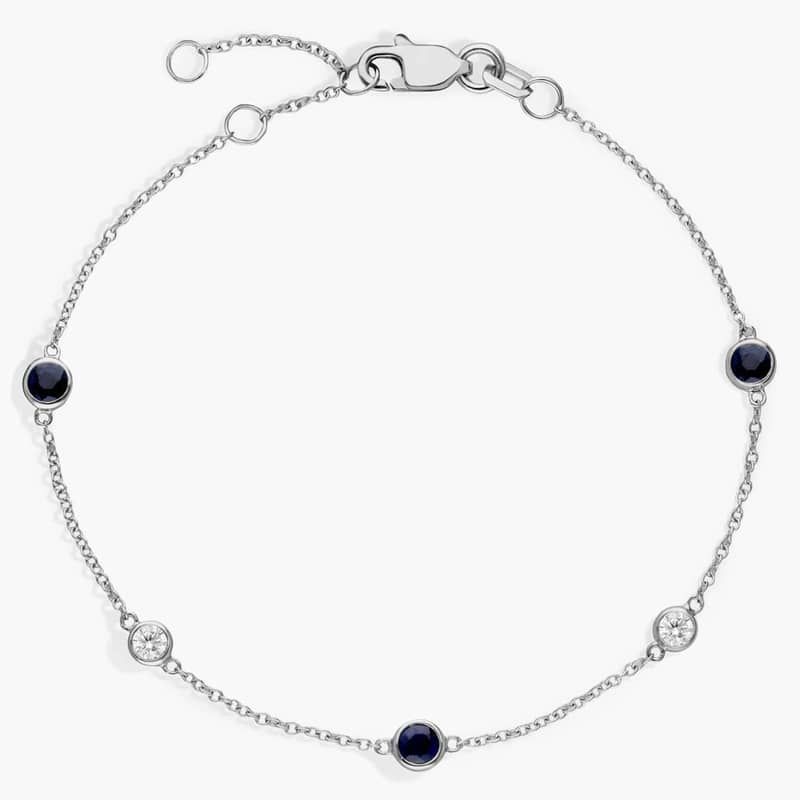 Petite Stationed Sapphire and Diamond Bracelet in 14k White Gold (3mm)