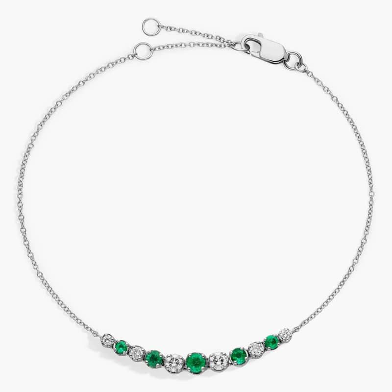 Emerald and Diamond Graduated Curve Bracelet in 14k White Gold