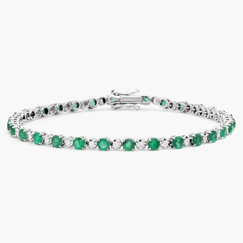 Alternating Size Emerald and Diamond Bracelet in 14k White Gold (3mm)