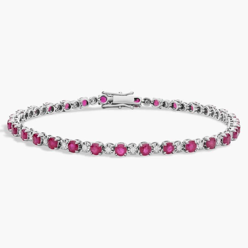 Alternating Size Ruby and Diamond Bracelet in 14k White Gold (3mm)