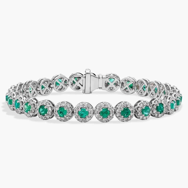 Emerald and Diamond Halo Bracelet in 14k White Gold