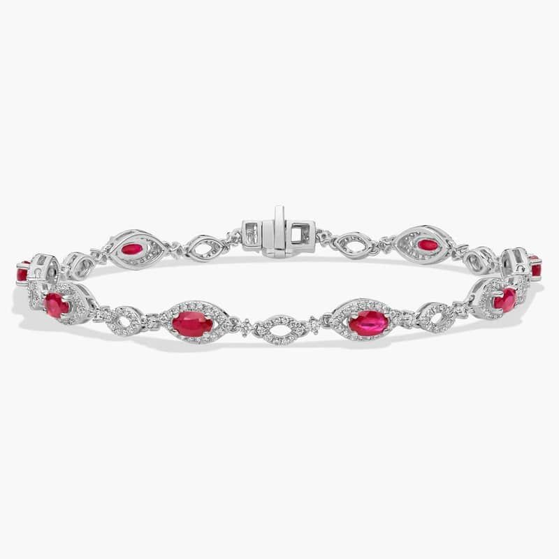Oval Ruby and Round Diamond Bracelet in 14k White Gold