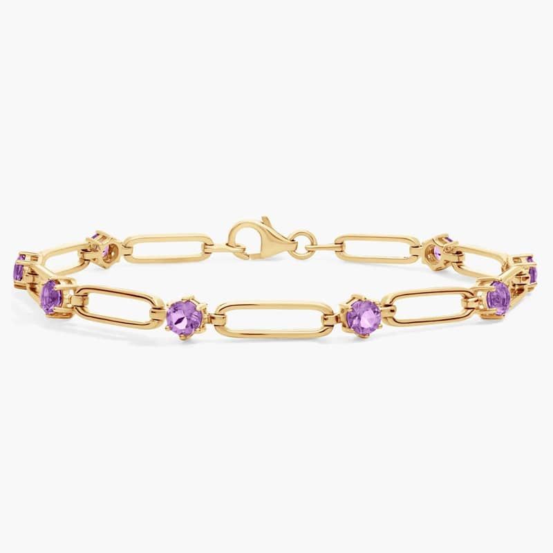 Round Amethyst Paperclip Bracelet in 14k Yellow Gold