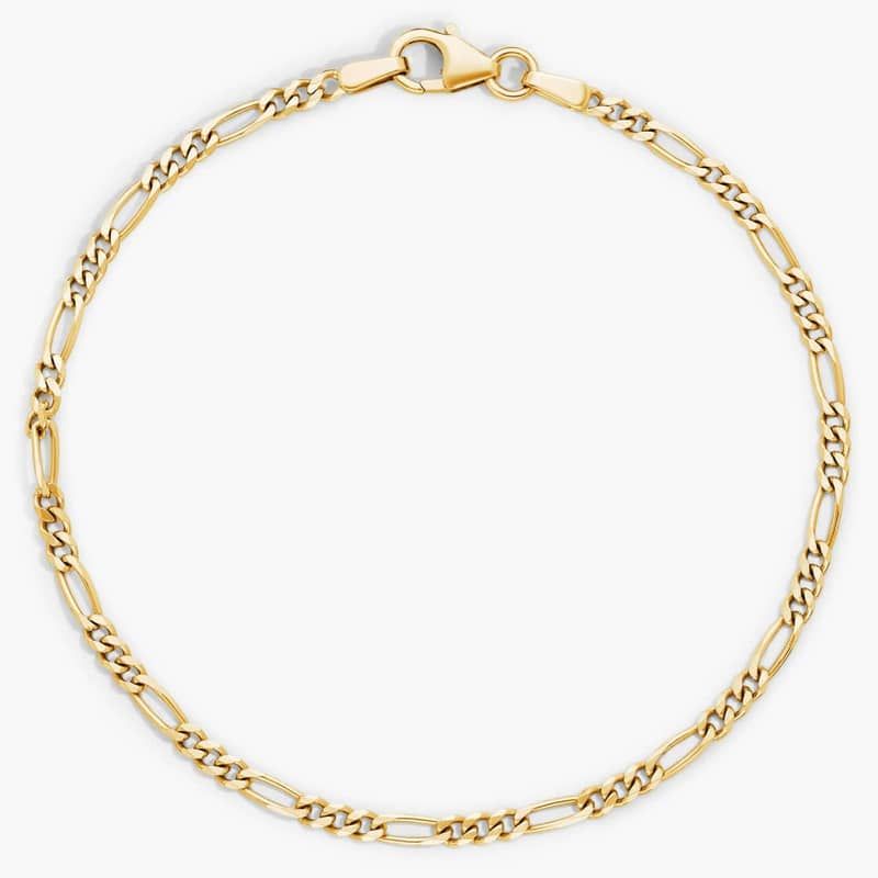 7" Figaro Chain Bracelet in Solid 14k Italian Yellow Gold (2.4 mm)