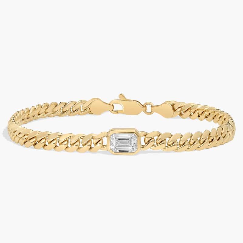 Lab Grown Emerald Cut Diamond Bezel Cuban Bracelet in 14K Yellow Gold (1 Ct. Tw.)