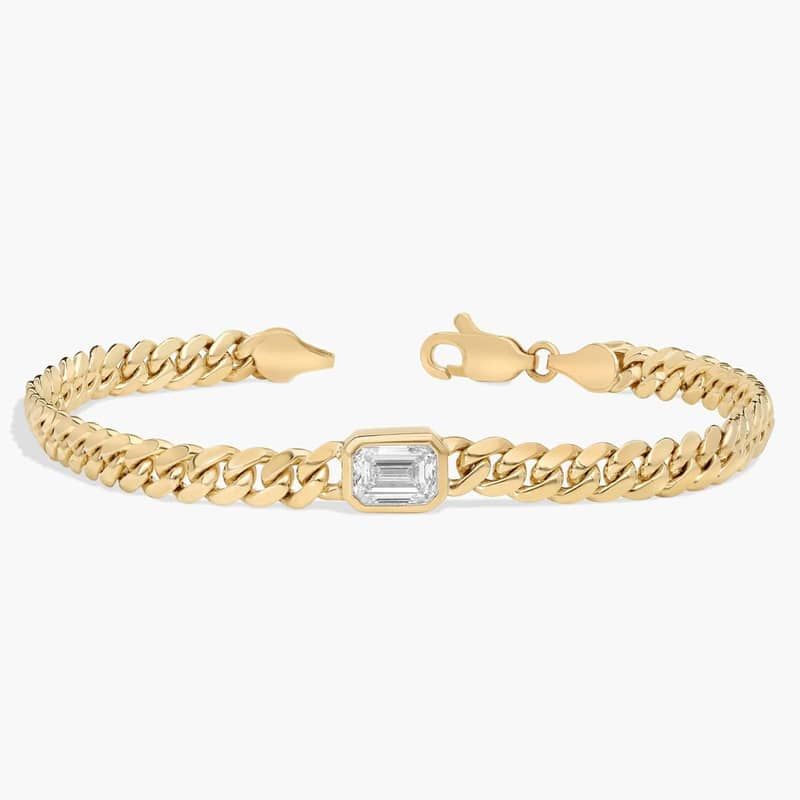 Lab Grown Emerald Cut Diamond Bezel Cuban Bracelet in 14K Yellow Gold (1 Ct. Tw.)