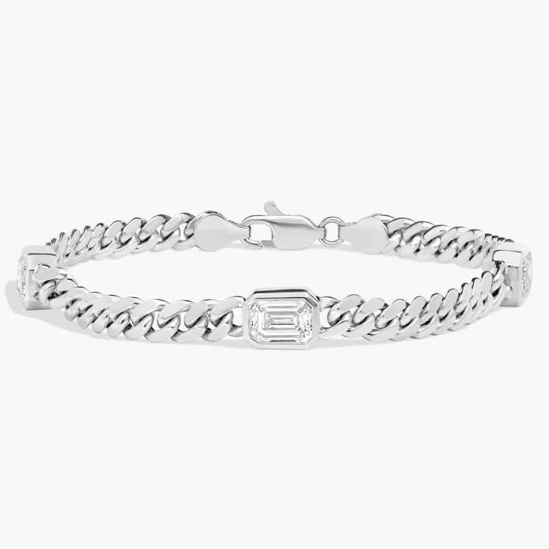 Lab Grown Emerald Cut Three-Stone Diamond Bezel Cuban Bracelet in 14K White Gold (3 Ct. Tw.)