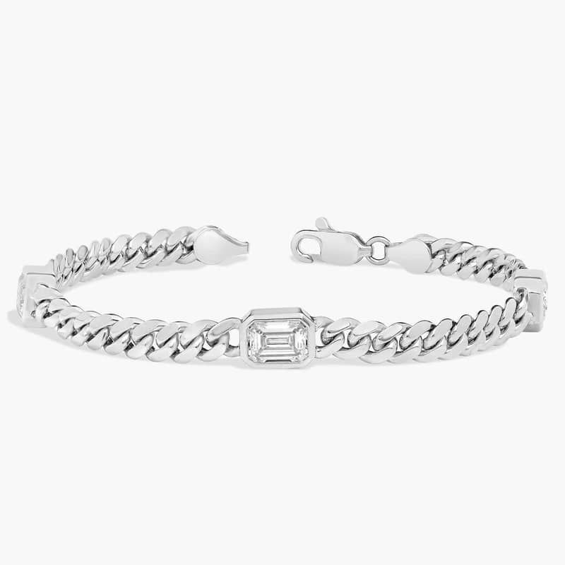 Lab Grown Emerald Cut Three-Stone Diamond Bezel Cuban Bracelet in 14K White Gold (3 Ct. Tw.)