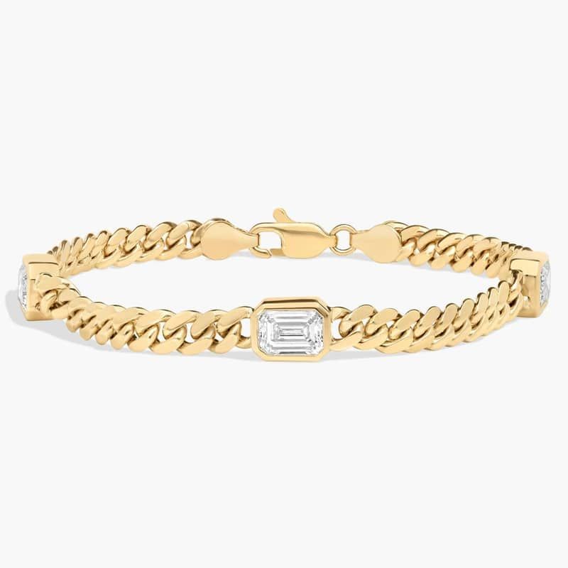 Lab Grown Emerald Cut Three-Stone Diamond Bezel Cuban Bracelet in 14K Yellow Gold (3 Ct. Tw.)