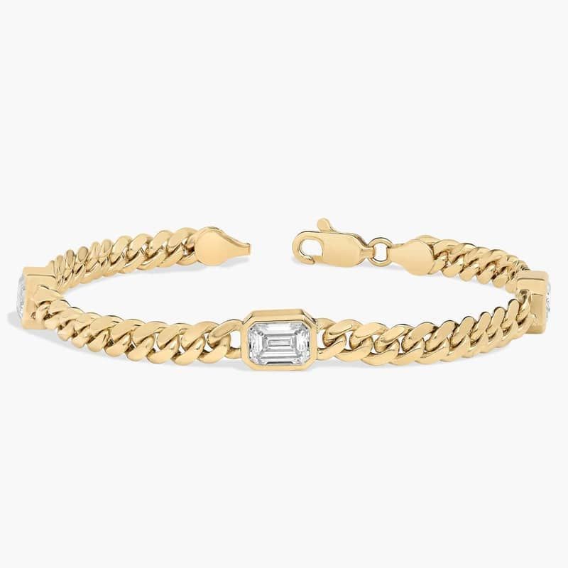 Lab Grown Emerald Cut Three-Stone Diamond Bezel Cuban Bracelet in 14K Yellow Gold (3 Ct. Tw.)