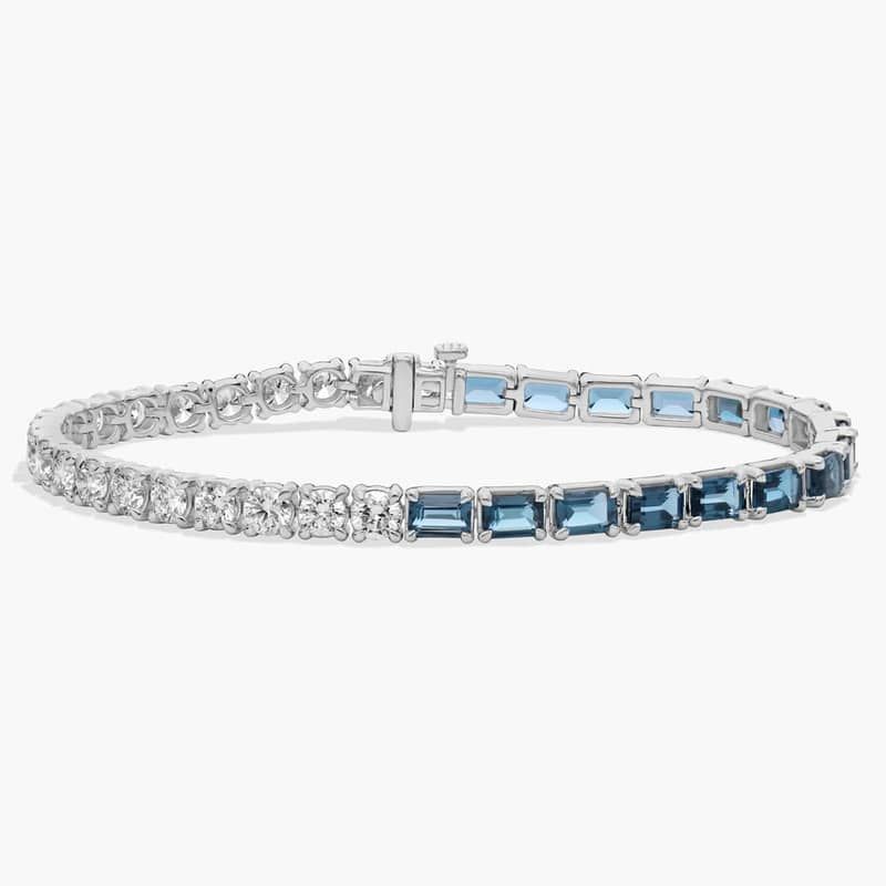 Round Diamond and Emerald Cut Blue Topaz Half and Half Tennis Bracelet in 14k White Gold