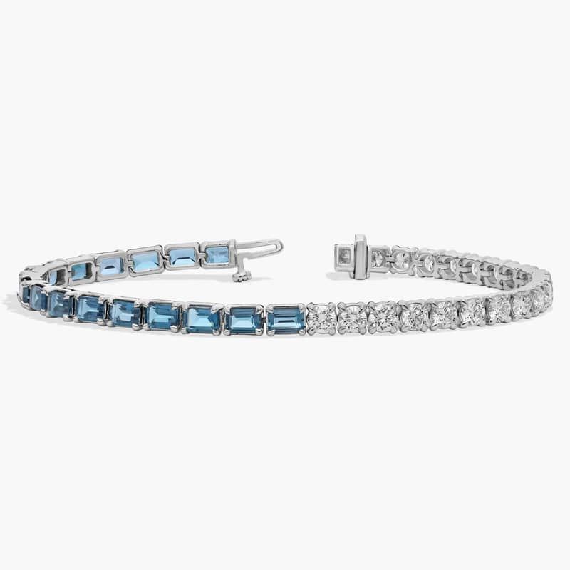 Round Diamond and Emerald Cut Blue Topaz Half and Half Tennis Bracelet in 14k White Gold