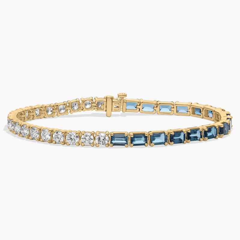 Round Diamond and Emerald Cut Blue Topaz Half and Half Tennis Bracelet in 14k Yellow Gold