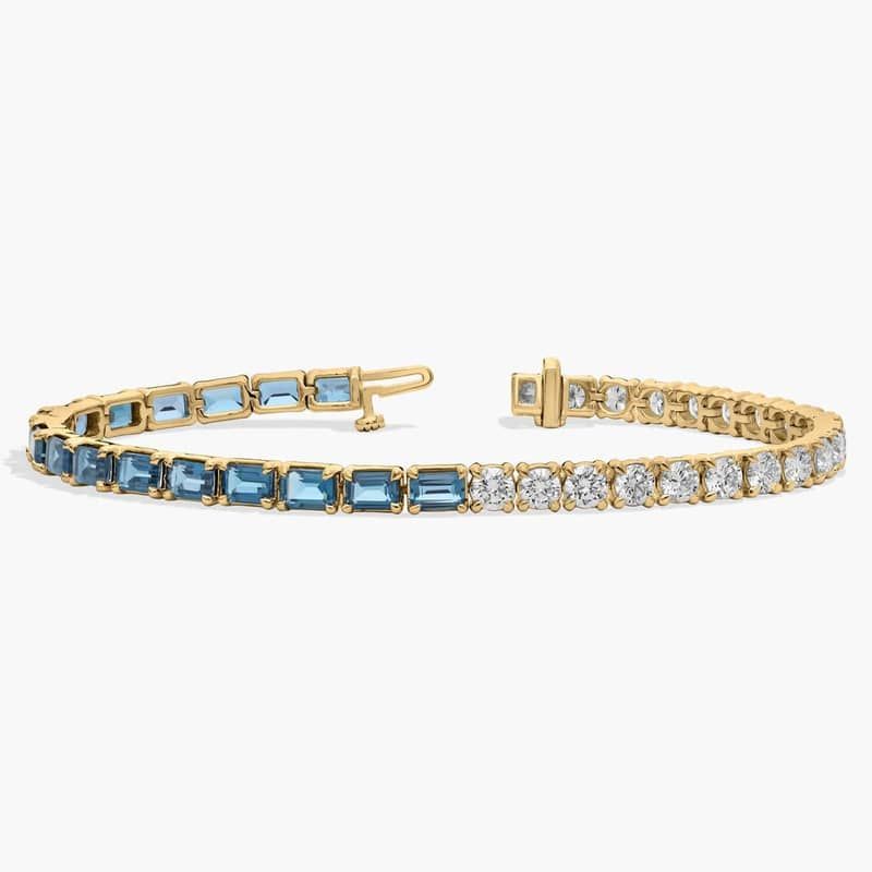 Round Diamond and Emerald Cut Blue Topaz Half and Half Tennis Bracelet in 14k Yellow Gold