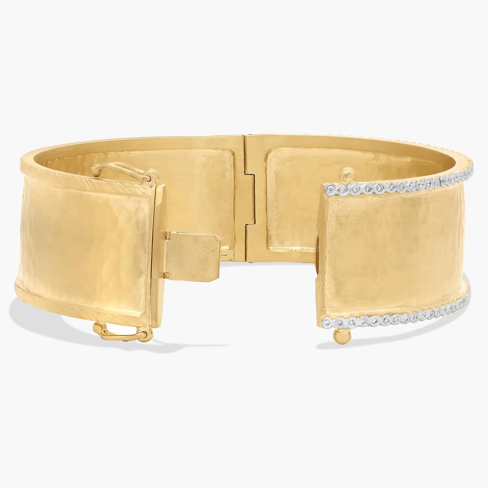 7.25" 2 Row Diamond Hammered Bangle Bracelet in 14K Yellow Gold