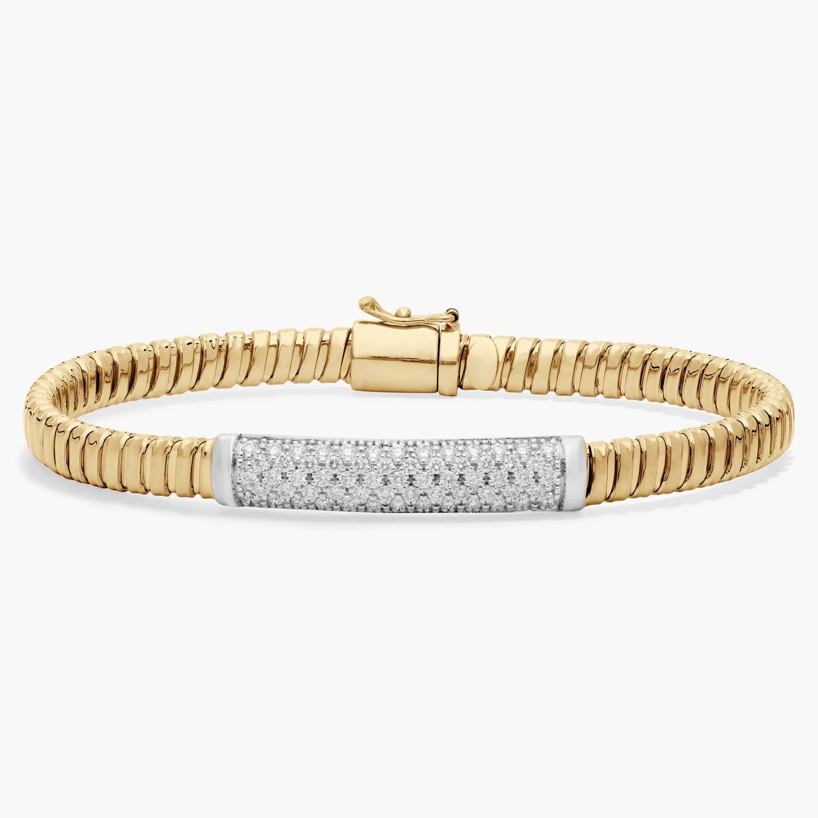 7.25" Two-Toned Pleated Pavé Diamond Bar Bracelet in 18K Yellow Gold