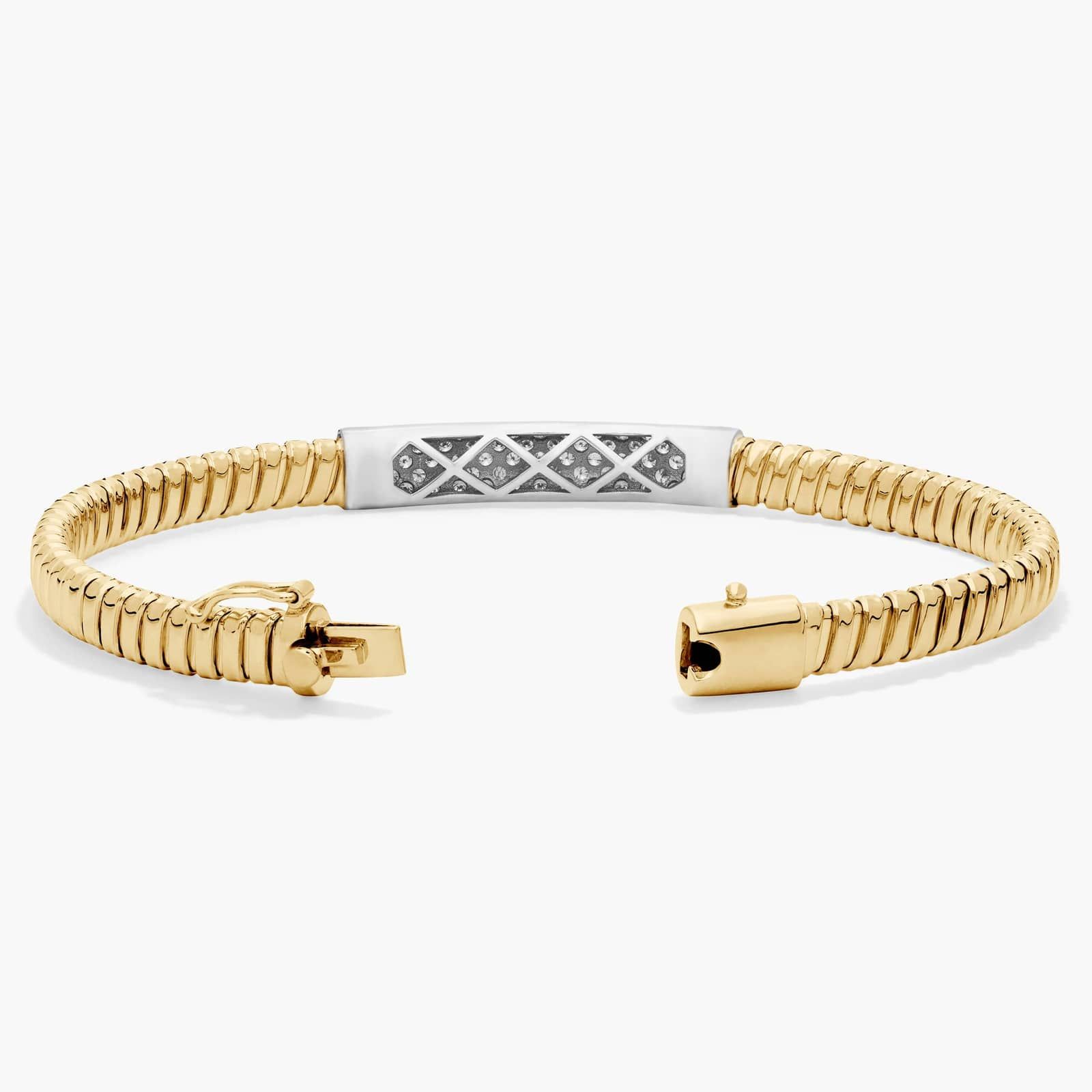 7.25" Two-Toned Pleated Pavé Diamond Bar Bracelet in 18K Yellow Gold