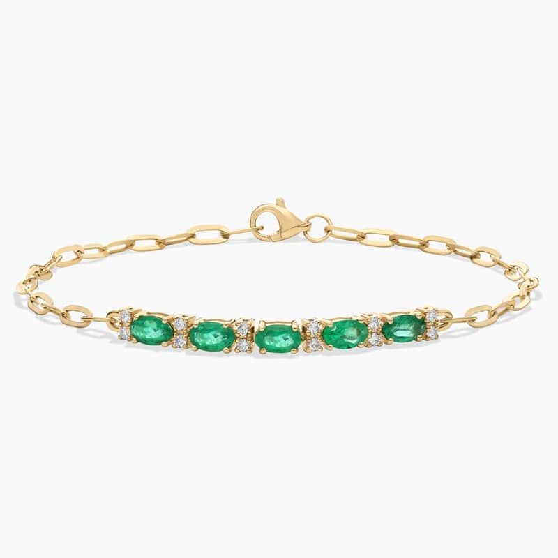 Diamond and Emerald Paperclip Bracelet in 14K Yellow Gold