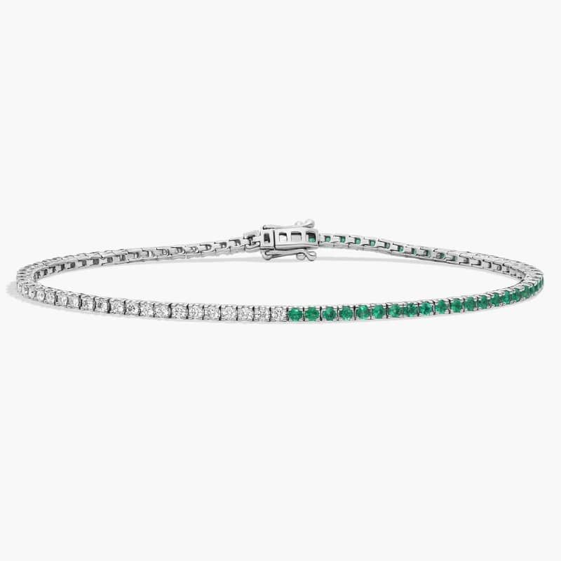 Half And Half Round Diamond and Emerald Tennis Bracelet in 14k White Gold