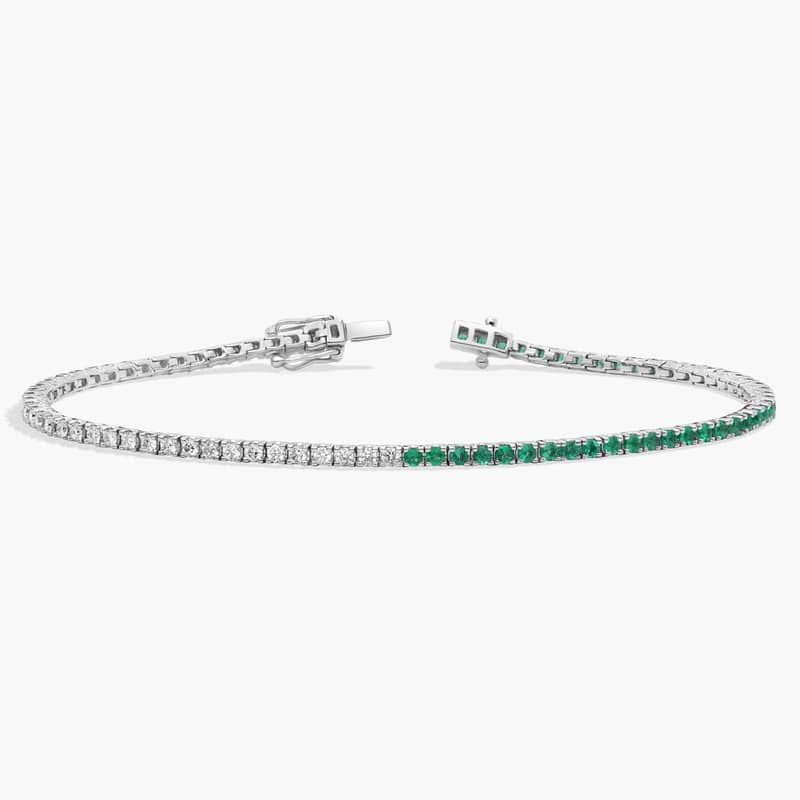 Half And Half Round Diamond and Emerald Tennis Bracelet in 14k White Gold