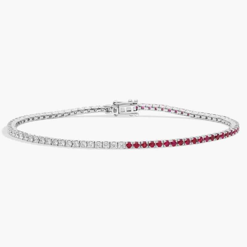 Half And Half Round Diamond and Ruby Tennis Bracelet in 14k White Gold