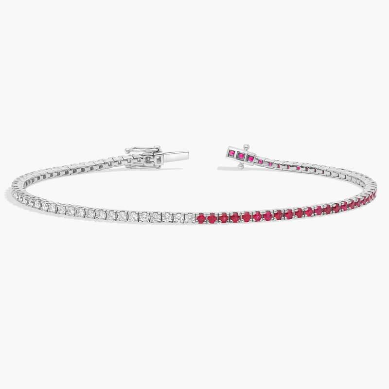 Half And Half Round Diamond and Ruby Tennis Bracelet in 14k White Gold