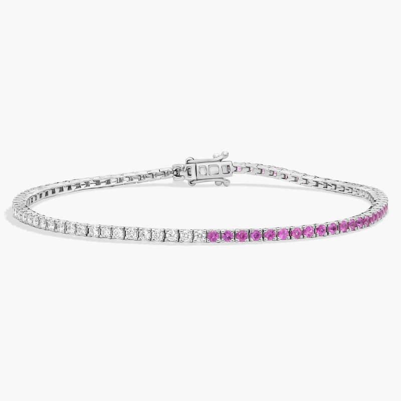 Half And Half Round Diamond and Pink Sapphire Tennis Bracelet in 14k White Gold