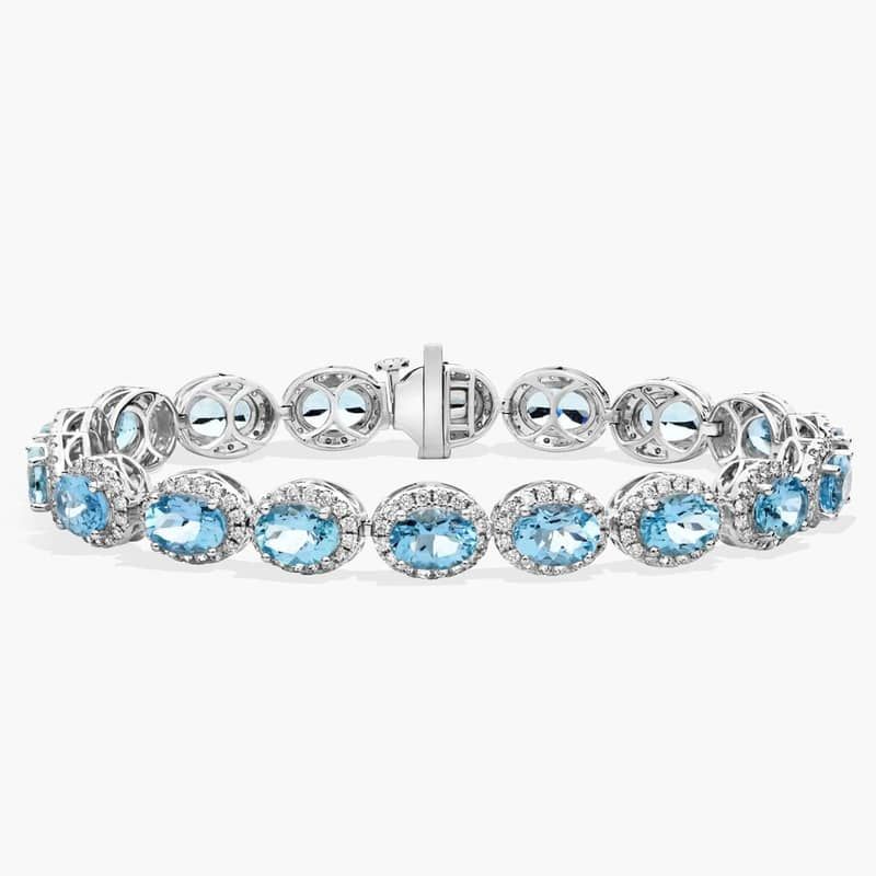 Aquamarine and Diamond Halo Bracelet in 14K White Gold