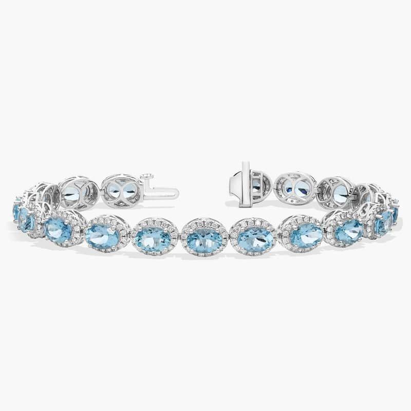 Aquamarine and Diamond Halo Bracelet in 14K White Gold