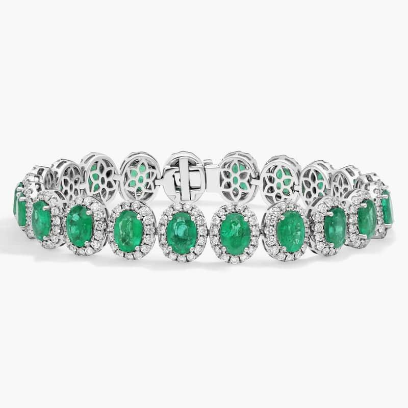 Oval Cut Emerald & Diamond Halo Bracelet with 4 CTW Round Cut Diamonds in 18K White Gold
