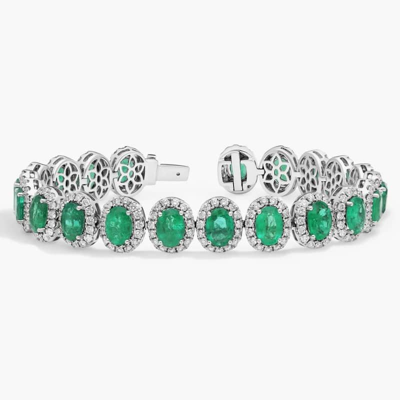 Oval Cut Emerald & Diamond Halo Bracelet with 4 CTW Round Cut Diamonds in 18K White Gold